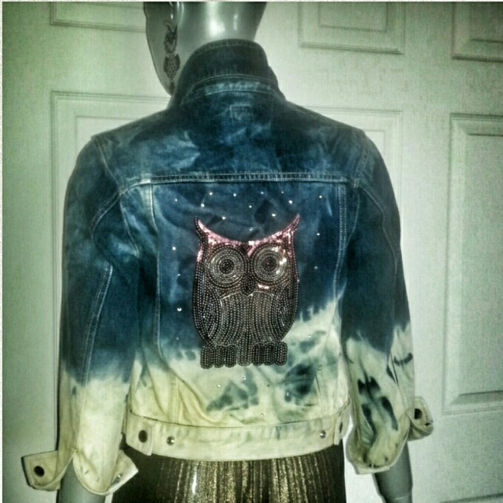 Custom Upcycled DIY Denim Studded Owl Appliqué Jacket